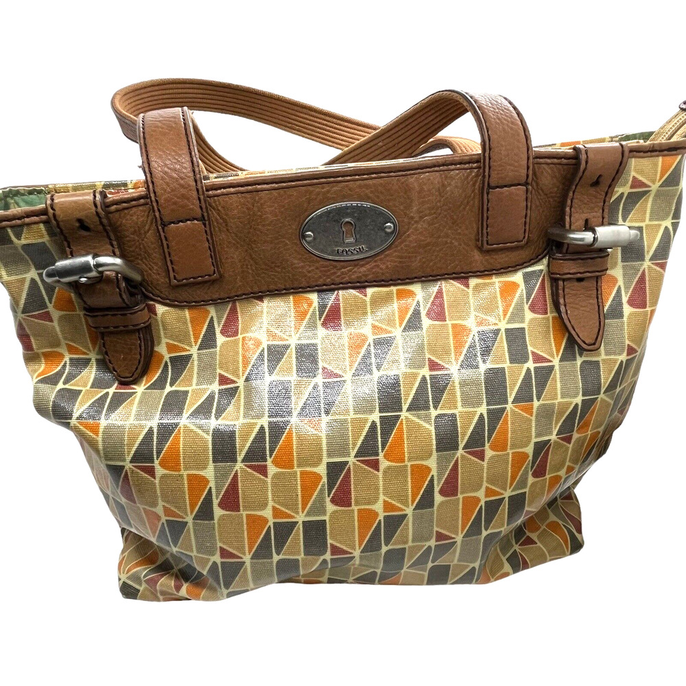 Fossil Geometric Tote Bag Purse Multicolor Coated Canvas Leather Trim Orange Tan